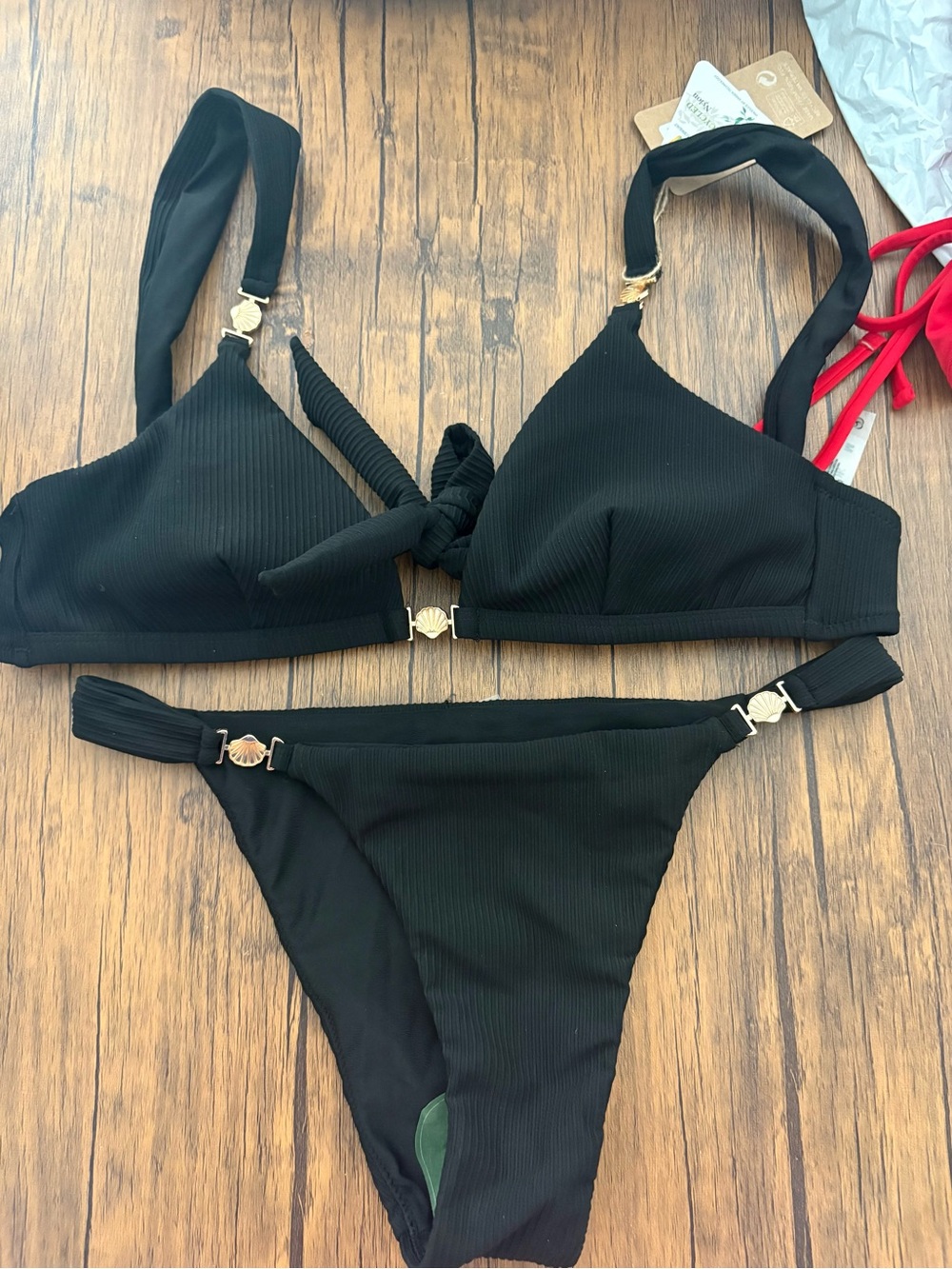 Classic Black Ribbed Bikini Set with Gold Shell Accents - Women